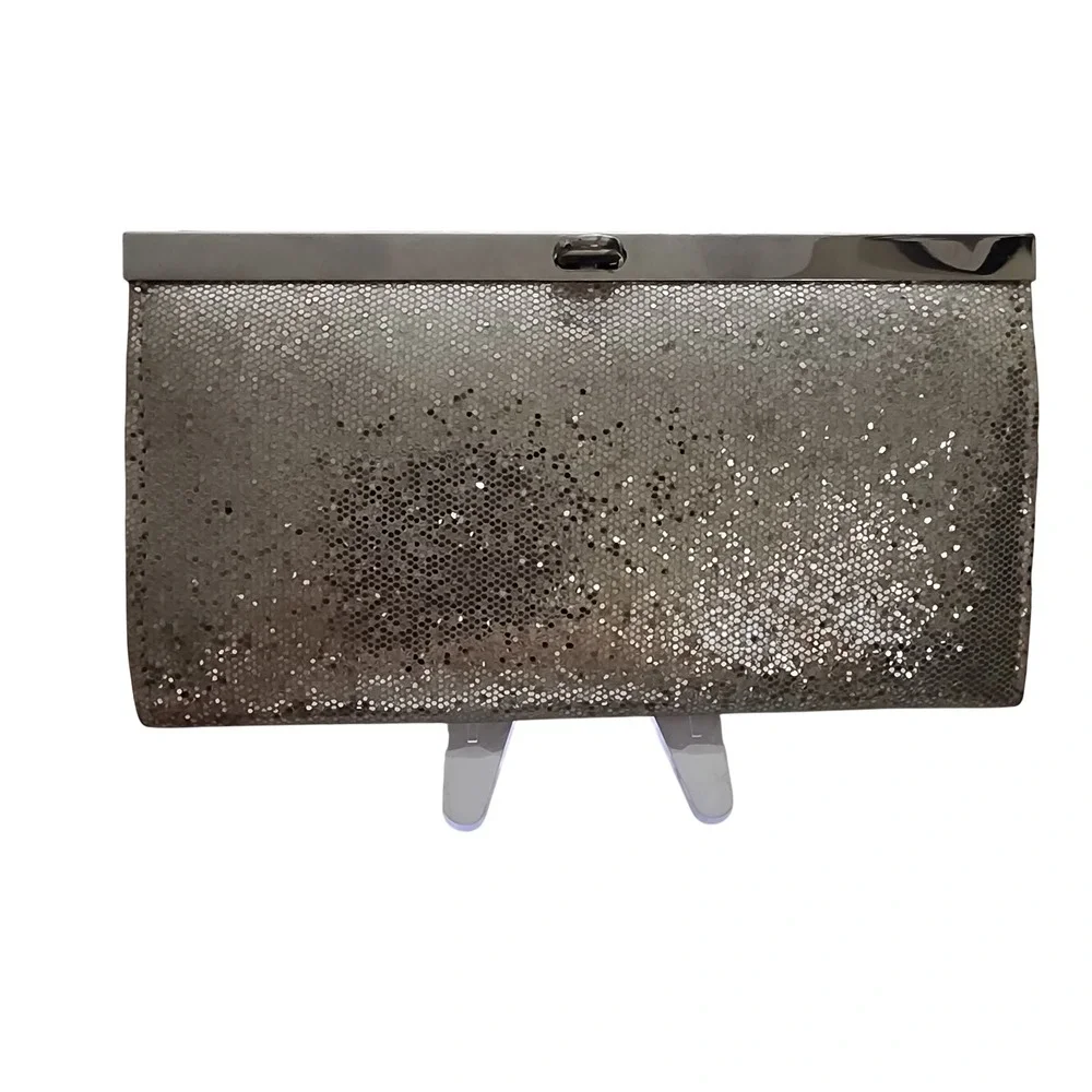 Amici Silver Glitter Evening Clutch Bag Metal Frame Formal Handbag Wallet